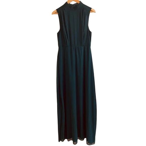 NWT Lulus Chiffon Sleeveless Highneck Key Hole Back Side Slit Maxi Dress M Green - Picture 13 of 16